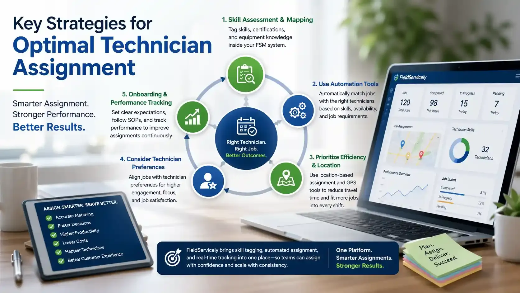 Infographic of technician assignment strategies with automation and GPS